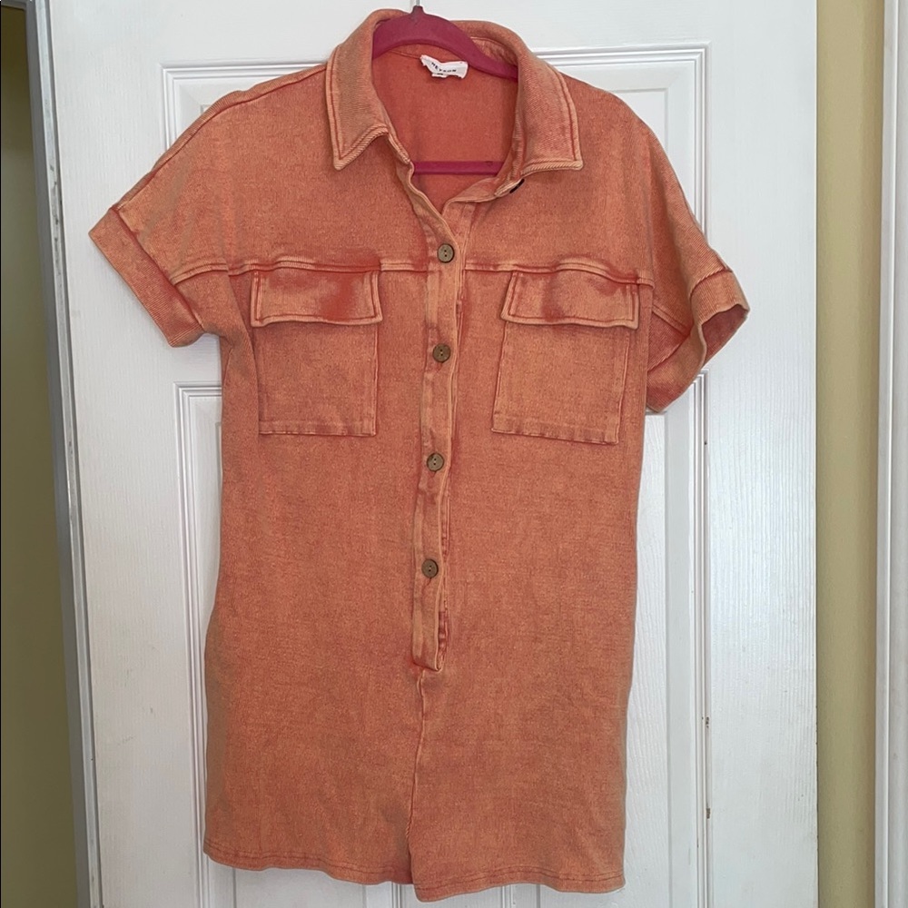 Orange Washed Ribbed Button-Up Romper with Pockets, Medium